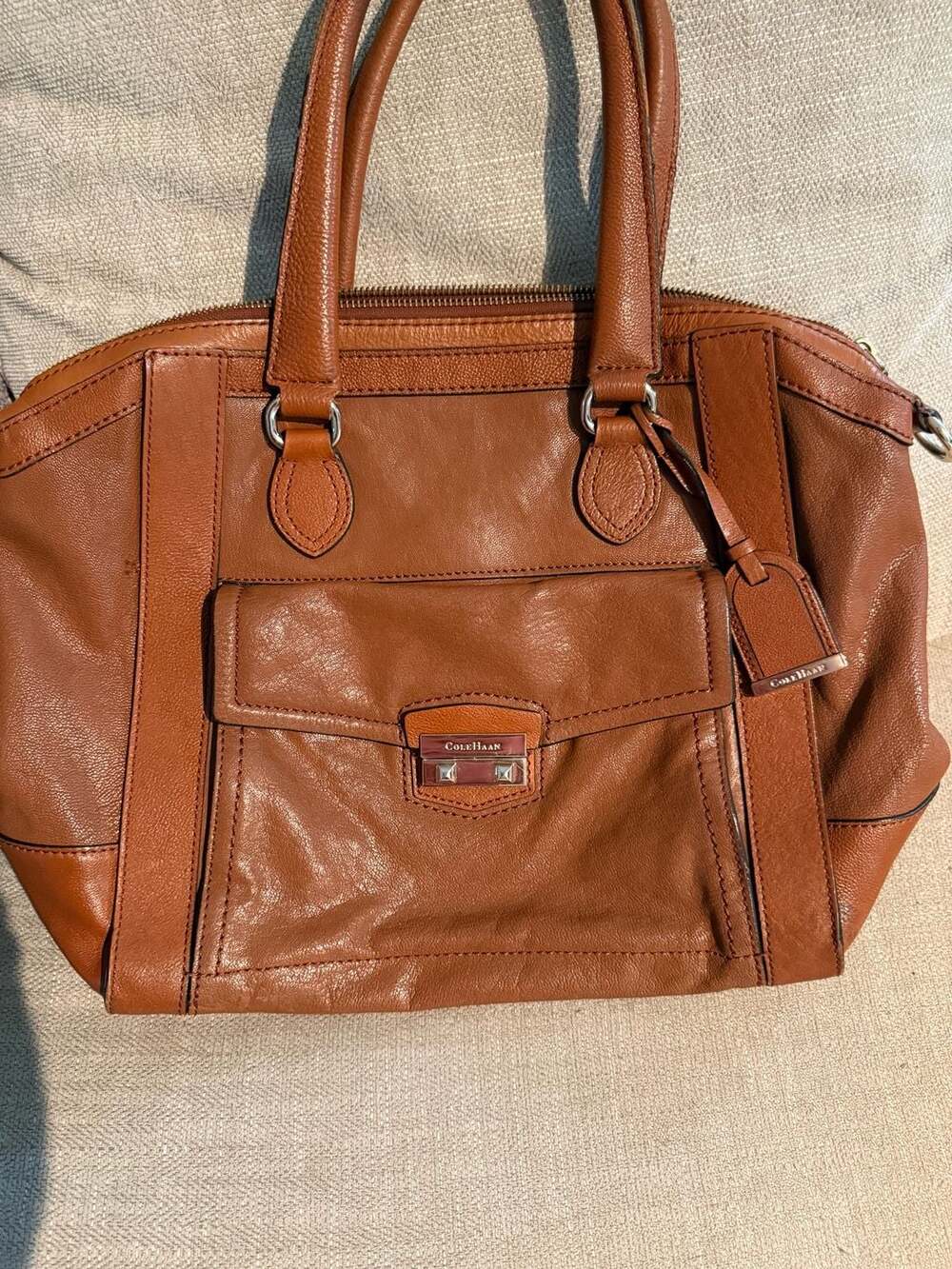 Cole Haan Brown Pebbled Leather Satchel with Front Pocket and Metal Clasp
